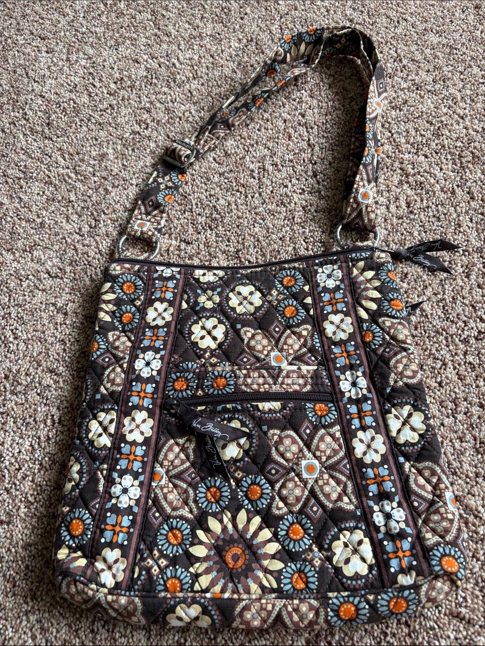 Vera Bradley Quilted Floral Shoulder Bag in Brown, Orange & Cream